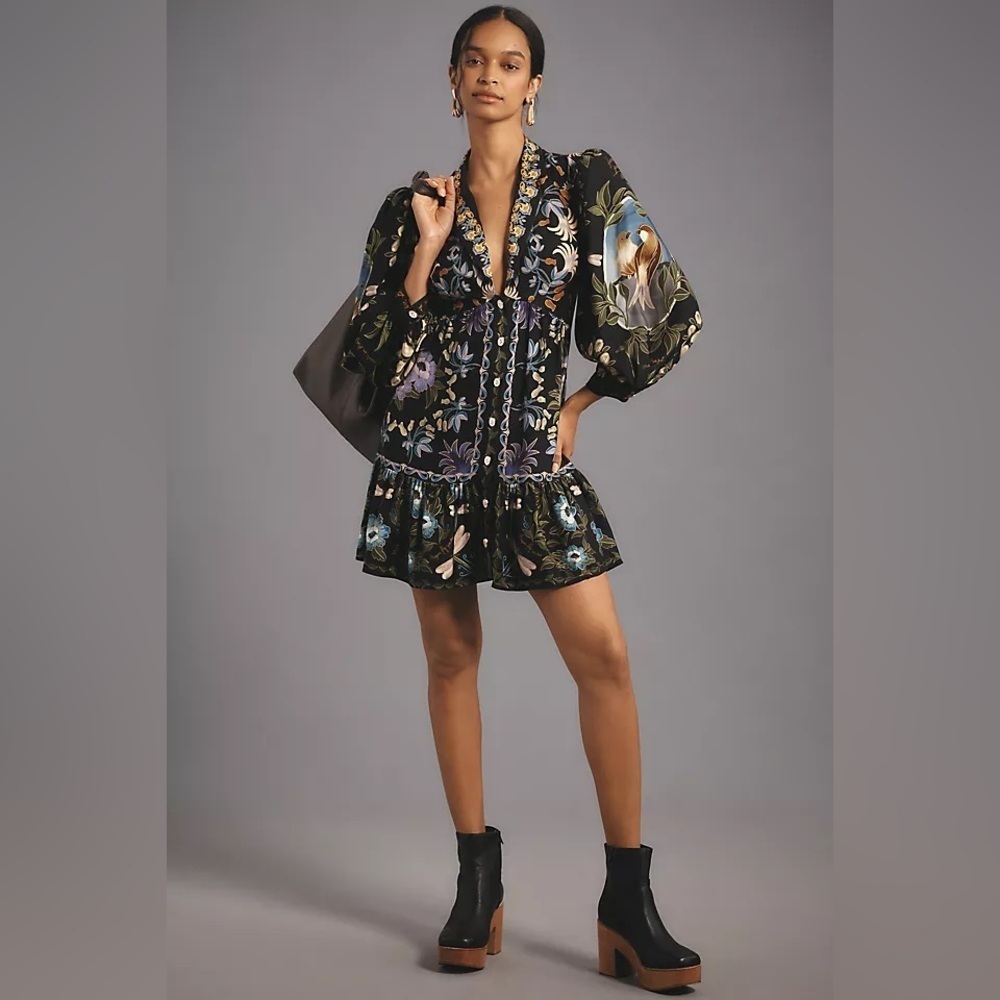 new Farm Rio Black Winter Garden long sleeve floral mini dress - Picture 2 of 7